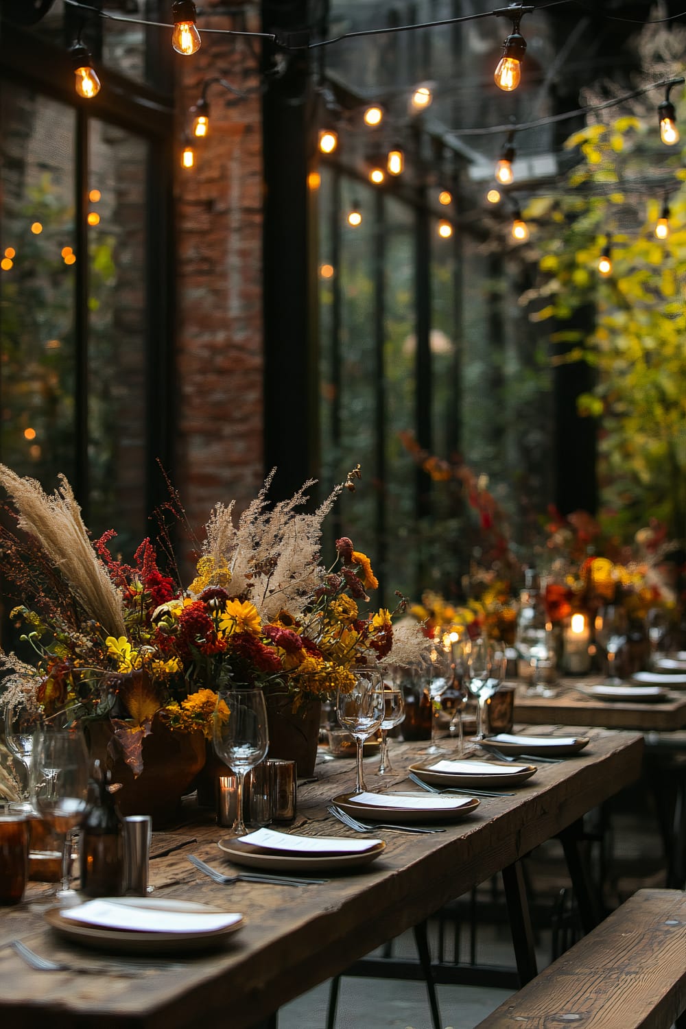 An elegantly set dining table with rustic wooden surfaces, featuring vases of vibrant autumn flowers as centerpieces. String lights create a warm ambiance above, and the setting is inside a space with brick walls and large windows showcasing greenery outside.