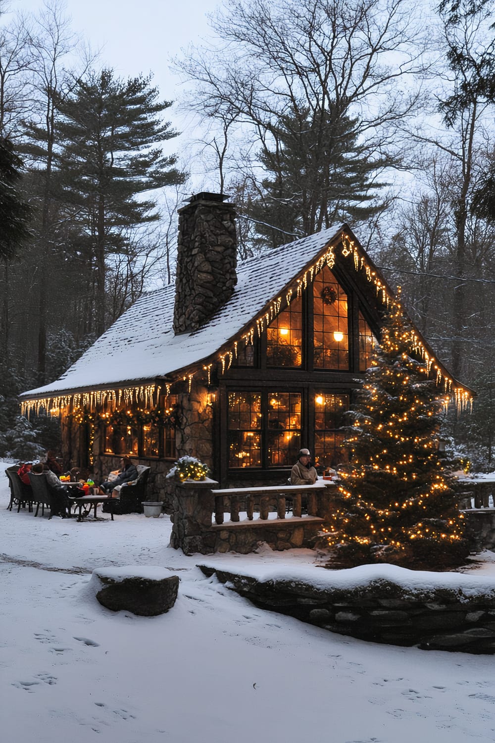 The image depicts a stone and wood cabin in a snowy forest setting at dusk. The cabin has a steeply pitched roof adorned with icicle string lights, adding a festive touch. Warm interior lights glow through large windows, revealing a cozy atmosphere inside. Outside, a group of people is gathered around a table, enjoying the winter evening on the stone patio. A large, decorated evergreen tree with twinkling lights stands nearby, enhancing the holiday ambiance. The surrounding trees are bare, and the ground is covered with a layer of snow.