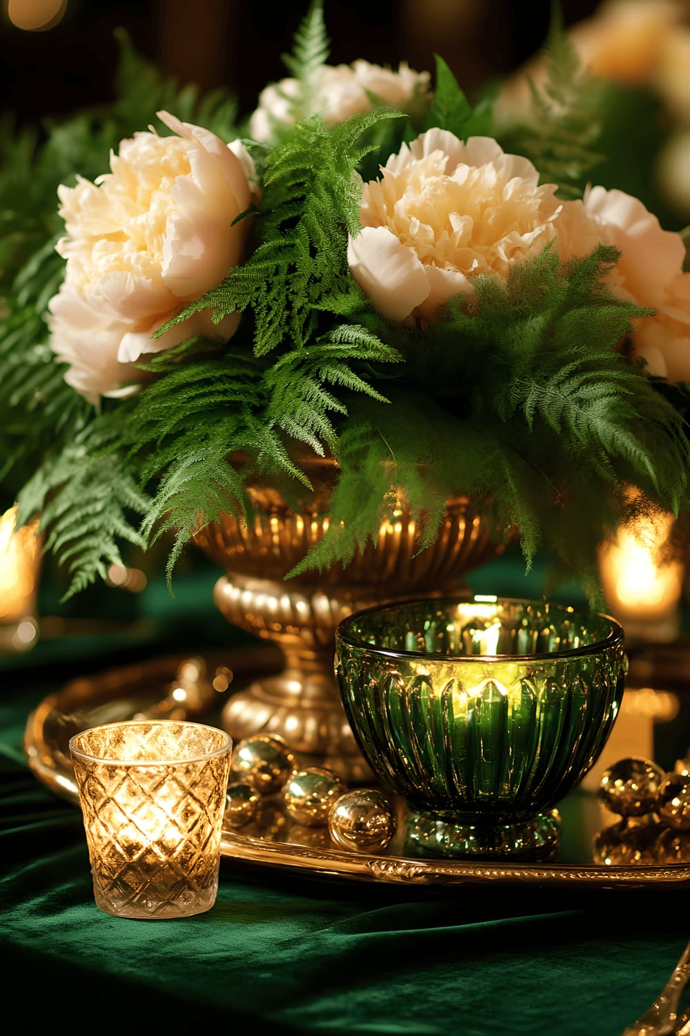 An image of a luxurious centerpiece on a table, featuring an ornate gold tray holding an emerald green glass bowl filled with lush peonies and ferns. The centerpiece is accentuated with gold votive candles, emerald green glass beads, and small gold figurines. All of this rests on a dark green velvet tablecloth, illuminated by soft, warm light that highlights the rich emerald and opulent gold tones.