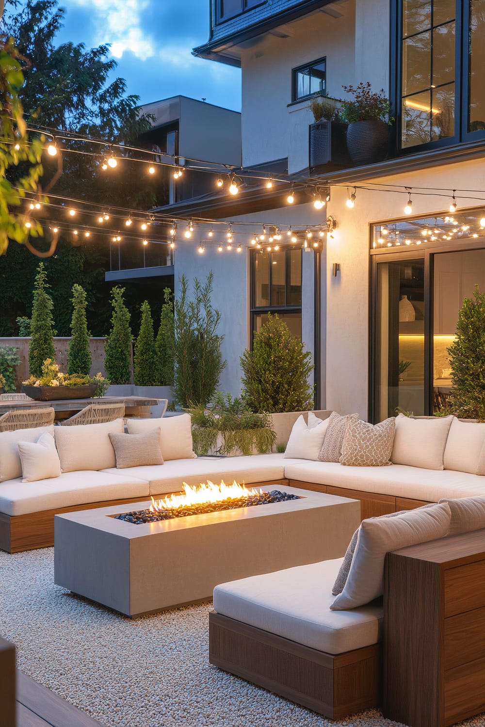 An outdoor patio seating area featuring a modern L-shaped sofa with cream cushions and throw pillows. In the center is a rectangular fire pit with a burning flame, surrounded by white gravel. Overhead, string lights create a warm ambiance. The house exterior is adorned with potted plants and large windows.