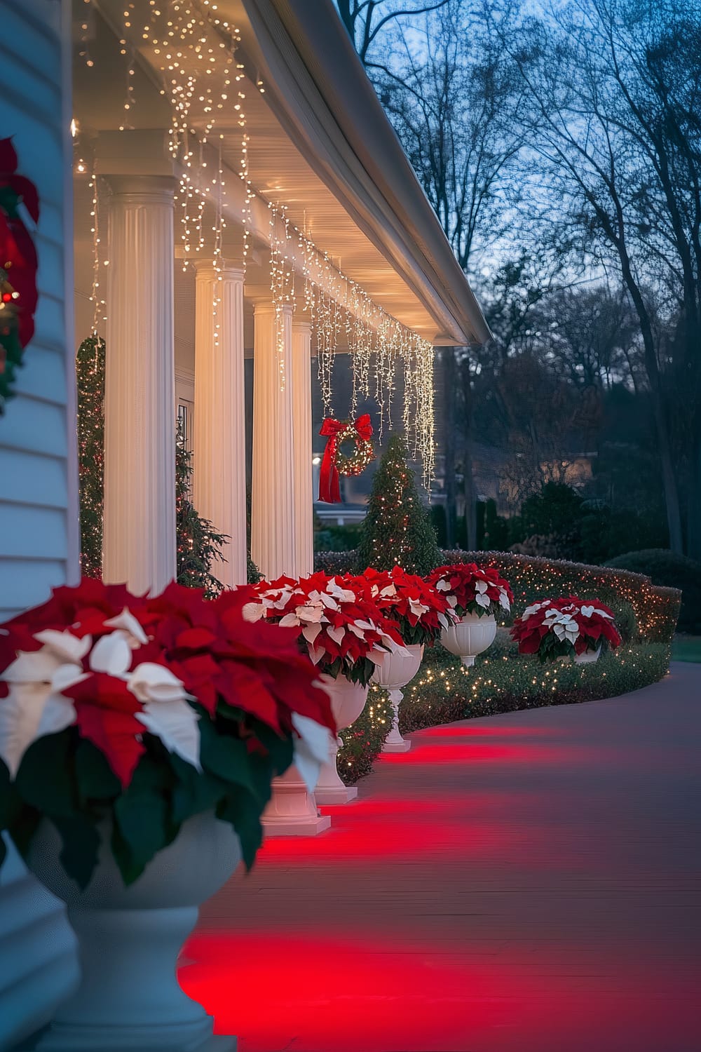 A charming outdoor Christmas walkway features vibrant red and white poinsettias in elegant white planters. The walkway is illuminated by soft red path lights, while icicle lights hang gracefully from the roofline above the white porch columns. Festive red spotlights warm the scene, and twinkling lights wrap around distant trees, contributing to a cozy holiday ambiance against a backdrop of a crisp winter evening.