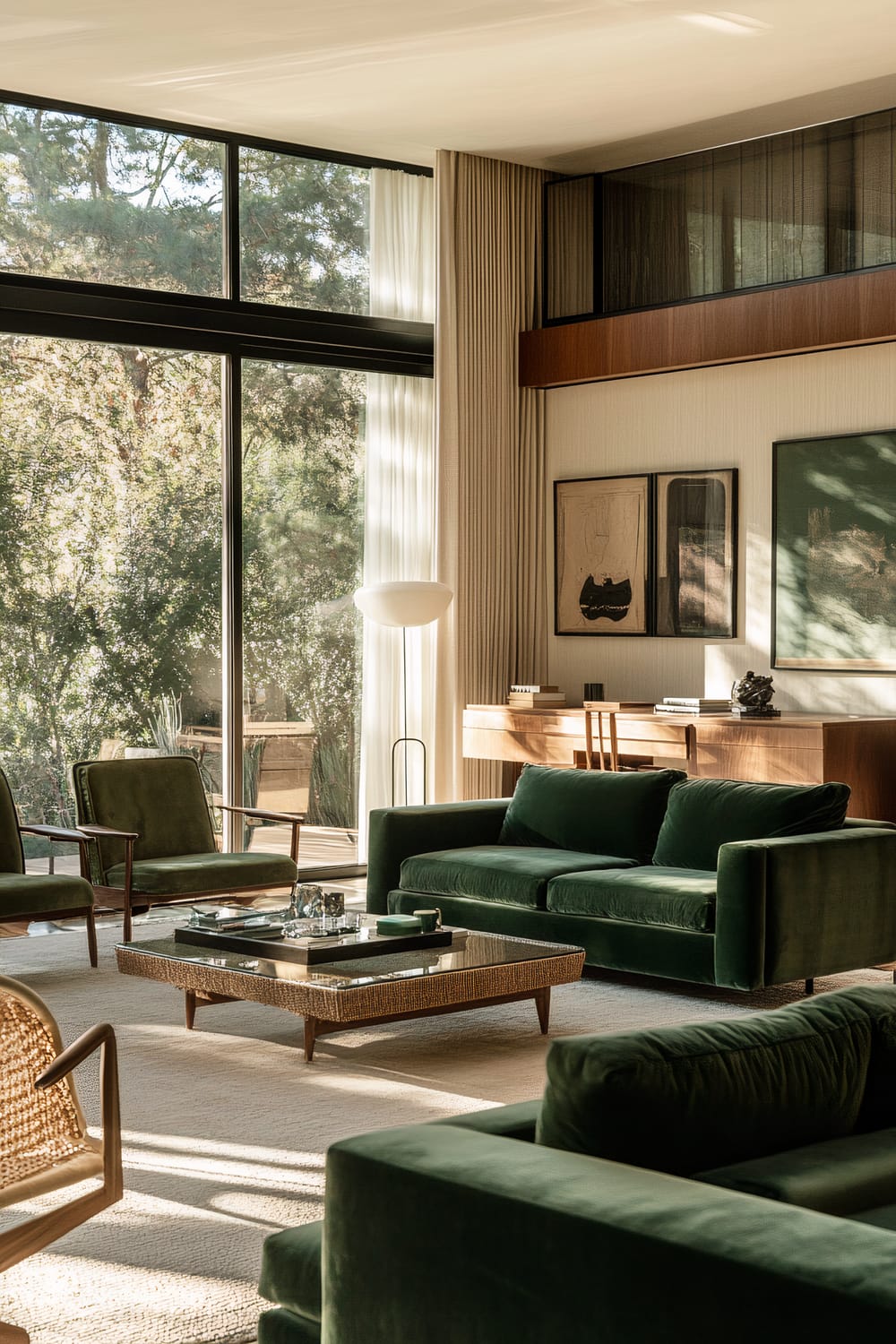 A spacious living room with floor-to-ceiling windows showcasing an outdoor view. The central seating area features a moss-green velvet sofa, two mid-century teak armchairs, and a large woven coffee table. Adjacent to the seating area is a vintage French writing desk with a classic lamp. The room is brightly lit with natural light streaming through large windows, highlighting the mix of textures and materials. The color scheme includes moss green, warm teak brown, and neutral white tones.