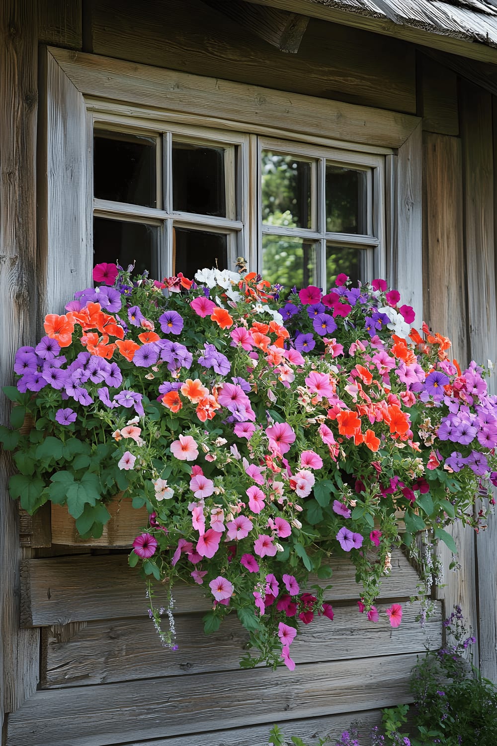 A rustic wooden window box installed on a cottage-style house, filled to the brim with an assortment of colourful flowers including geraniums, petunias and sweet alyssums. The thriving flora attracts various pollinators such as bees and butterflies, adding movement and life to the image.