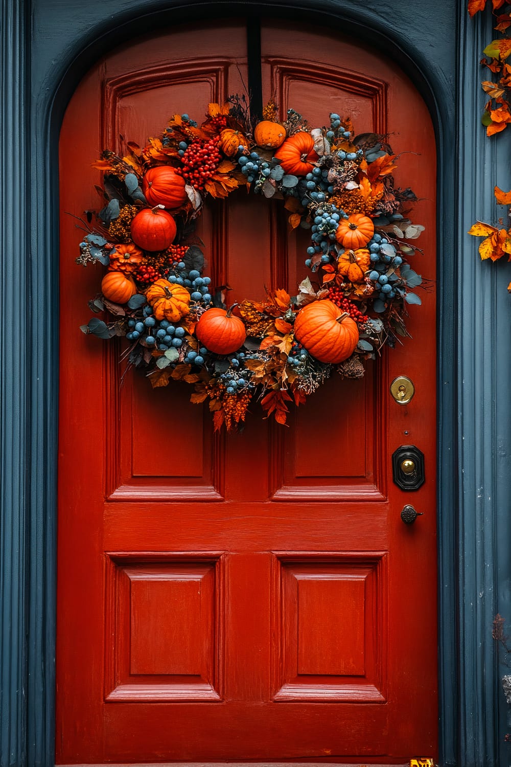 Close-up of a vividly painted red door adorned with a lush, seasonal wreath. The wreath features an assortment of small pumpkins, clusters of red and blue berries, and dried leaves in rich autumnal hues, creating a festive and warm entry. The door is framed by blue-gray trim, enhancing the complementary color scheme.