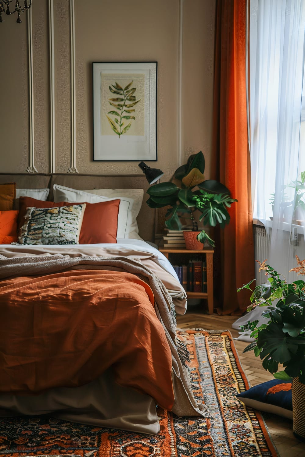 This image showcases a stylish bedroom with a warm and inviting atmosphere. The bed is adorned with layers of pillows and blankets in autumnal shades of rust, orange, and white. A large leafy plant in the corner adds a touch of nature to the room, complemented by a framed botanical print on the wall above the headboard. A cozy, patterned rug in rich, warm tones is spread out on the floor, and tall, orange curtains frame a window, allowing natural light to filter in softly. A bedside table with books and a black reading lamp complete the look, adding a practical touch to the cozy setup.