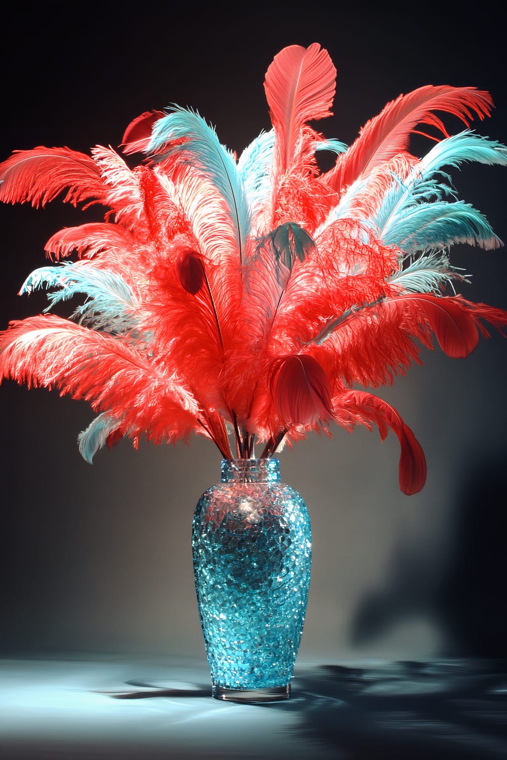 A clear glass vase filled with turquoise decorative elements holds an arrangement of vibrant scarlet and light turquoise feathers. The feathers are illuminated softly from above, highlighting the contrast between the bold red and cool blue hues.