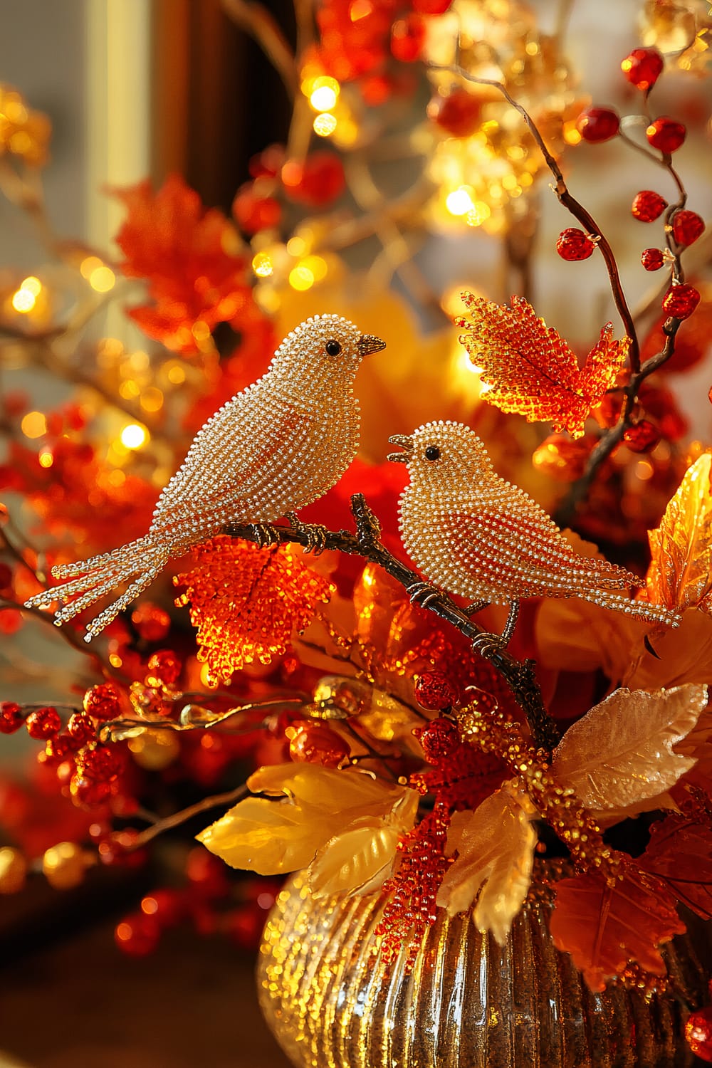 An artistic scene showing two beadwork figurines of birds perched on a branch among red and gold fall foliage. The setting is illuminated by soft ambient lighting, highlighting the delicate craftsmanship of the figurines and the vibrant colors of the foliage.