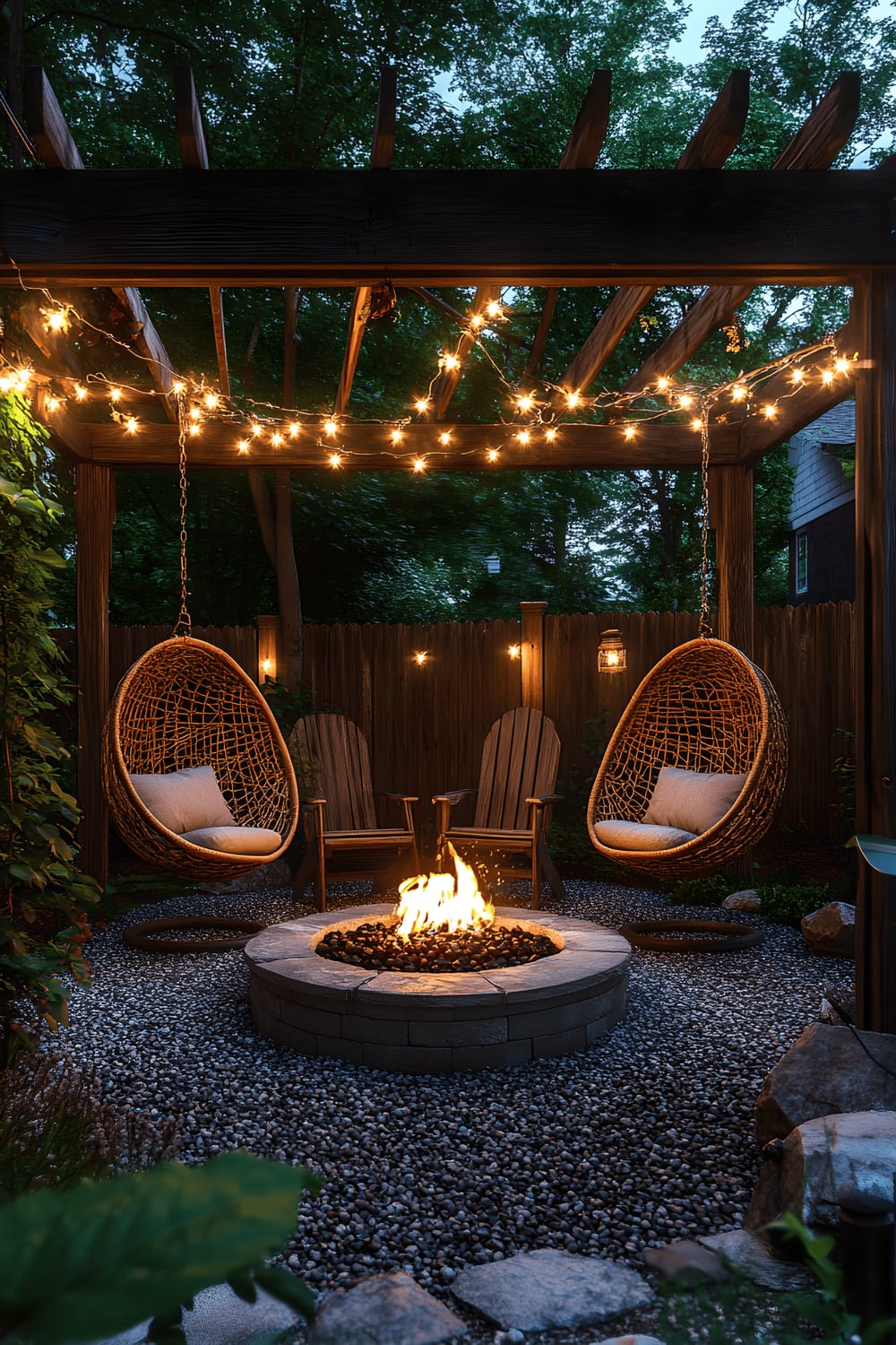 An enchanting outdoor setting with a cozy fire pit area surrounded by smooth river stones. Two rattan hanging chairs with plush cushions are suspended from a wooden pergola adorned with warm string lights. An Adirondack chair faces the fire, providing an inviting relaxation spot. The area is sequestered by lush greenery and a wooden fence, suggesting a sense of privacy and serenity. The gravel flooring complements the natural tones of the scene, and the soft lighting further augments the charm of this intimate evening retreat.