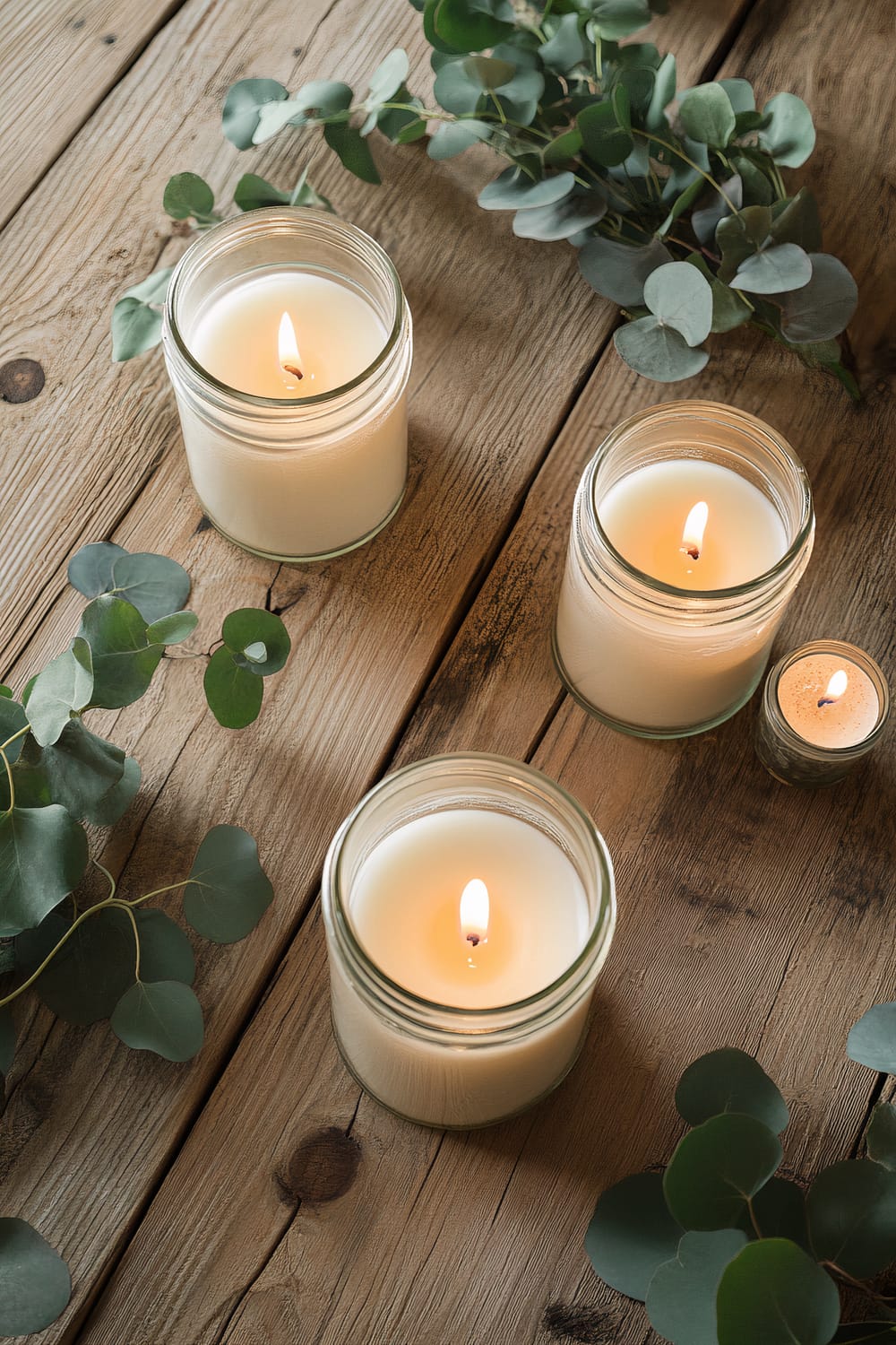 A trio of white pillar candles of varying heights placed in vintage glass jars, surrounded by sprigs of eucalyptus on a reclaimed wooden table, viewed from above.