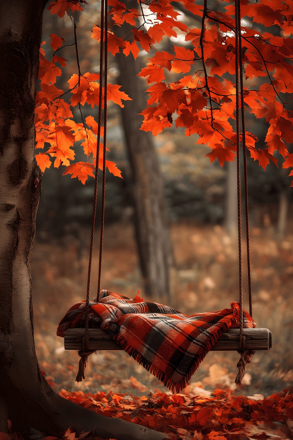 A serene autumn scene featuring a small grove of trees with fiery red and golden maple leaves, many of which are gently falling to the ground. A wooden swing tied to a robust tree branch floats in the center, accompanied by soft plaid blankets placed nearby on the ground.