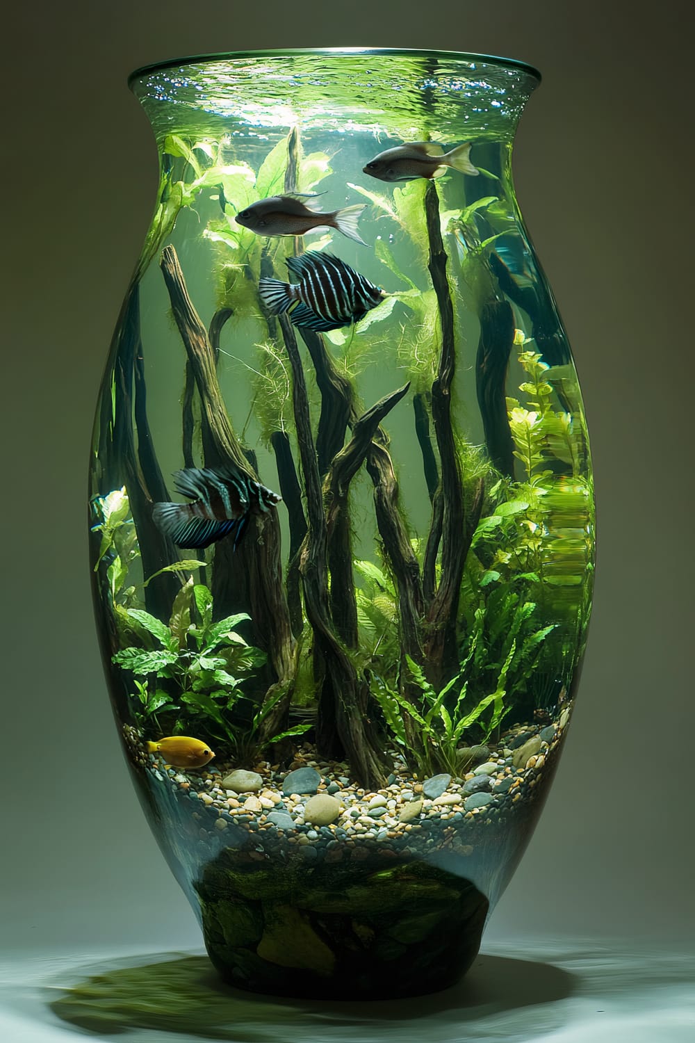 A tall, vase-shaped aquarium featuring various fish, aquatic plants, and intricate driftwood. The aquarium contains a mix of small and medium-sized fish, including some with striped patterns and a bright yellow one near the gravel bottom. The interior of the aquarium is lush with green plants and dark, gnarled driftwood, creating a natural and vibrant underwater scene.