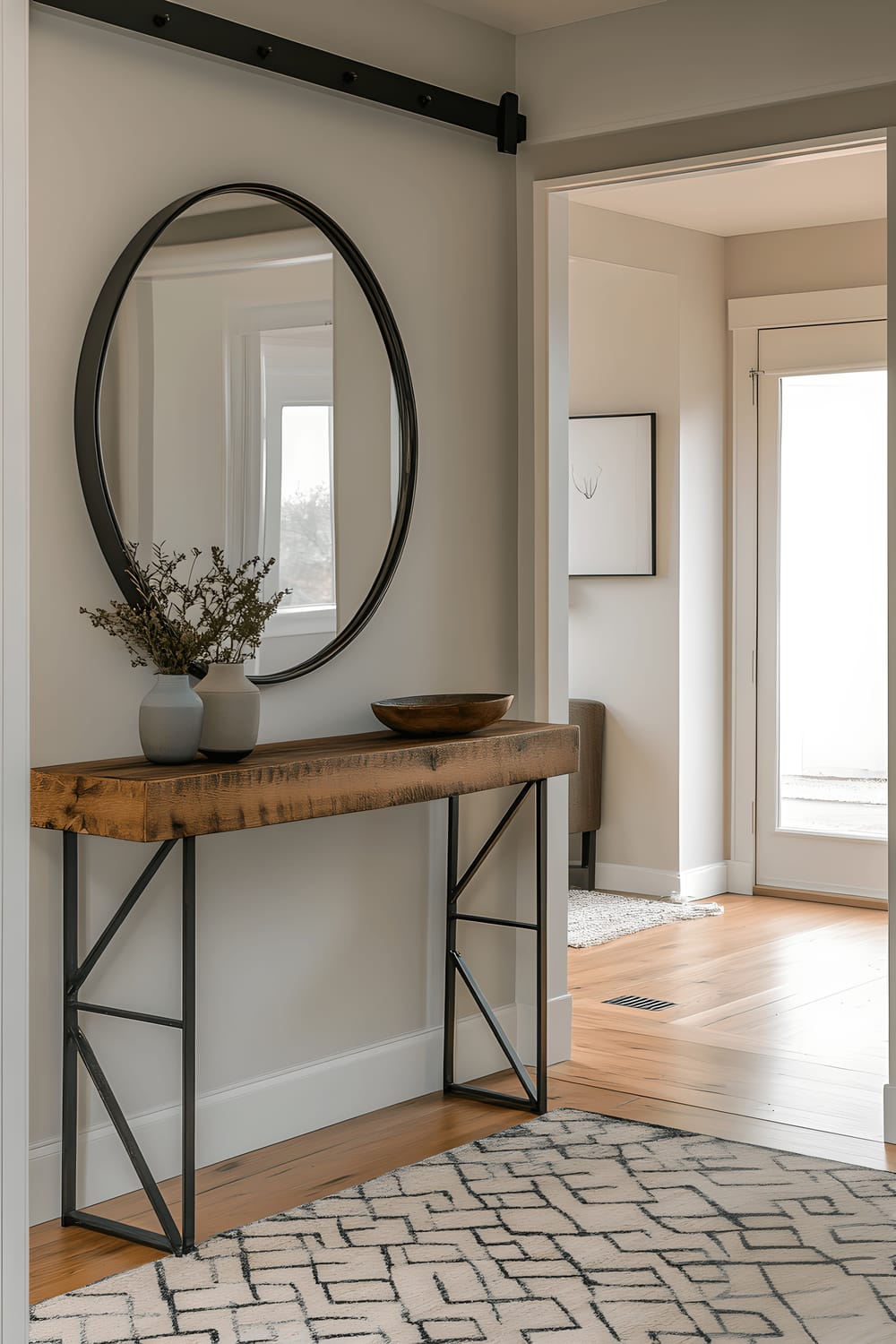 A modern and stylish apartment entryway viewed from behind a partially opened sliding barn door. The entryway features a reclaimed wood console table topped with a minimalistic mirror in a metal frame. A vibrant, geometric-patterned rug is laid over the hardwood floor. Natural light illuminates the scene from a nearby window, highlighting the natural tones of the wood.