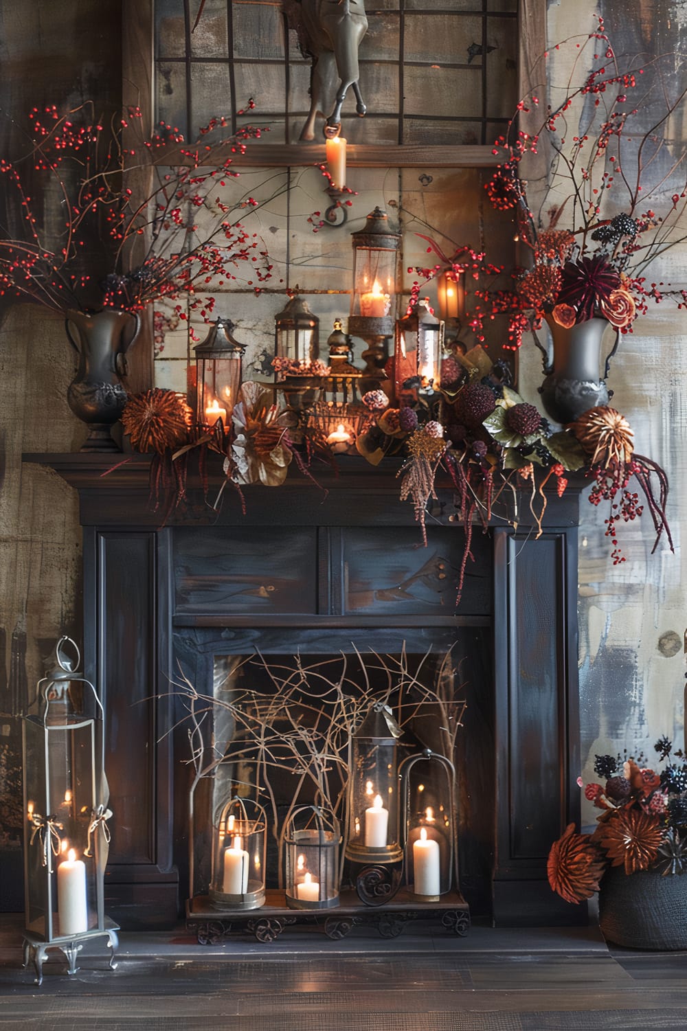 This image depicts an elegantly decorated fireplace, adorned with numerous candles placed in lanterns of various sizes on the mantel and inside the fireplace. The dark wooden fireplace is complemented by an intricate arrangement of dried flowers and branches, accentuated with red berries and dark autumnal tones. Above the fireplace, a rustic window frame holds additional candles and seasonal decorations, creating a warm, inviting glow.