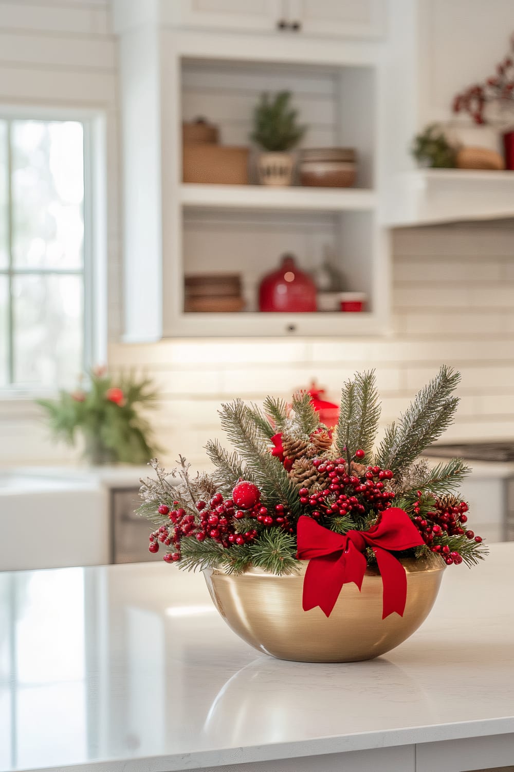 A stylish farmhouse kitchen decorated for Christmas features a white shiplap backsplash. The centerpiece is a gold bowl on the countertop, filled with festive pinecones, berries, fir branches, and adorned with a red bow. Gold candle holders and red ribbons enhance the holiday spirit. The background showcases minimalist kitchen appliances, open shelving with simple decor items, and a green plant near a window.