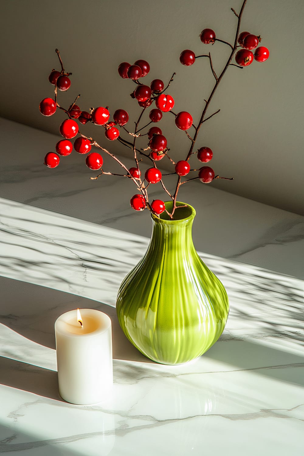 A bright green ceramic vase filled with vibrant red berries and a single lit white candle are placed on a sleek marble countertop. Dramatic overhead lighting creates intense highlights and deep shadows, emphasizing the bold colors and glossy textures. The neutral background allows the vivid green and red elements to stand out prominently.