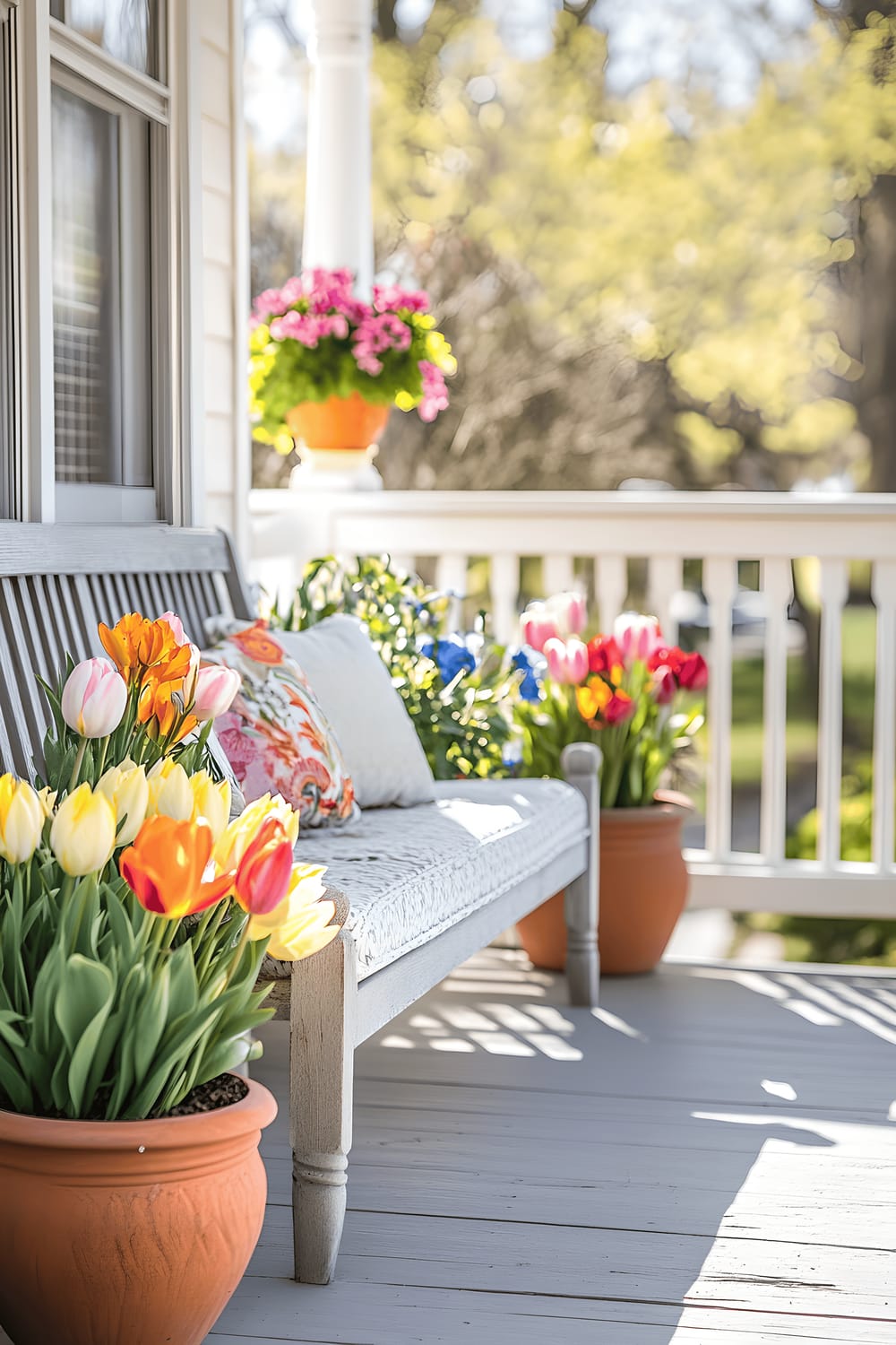 A front porch with a rustic aesthetic featuring a wooden bench adorned with plush cushions. Assorted ceramic pots with vibrant tulips and daffodils are scattered around the bench. The scene is bathed in the soft glow of morning sunlight and highlighted by a white railing.