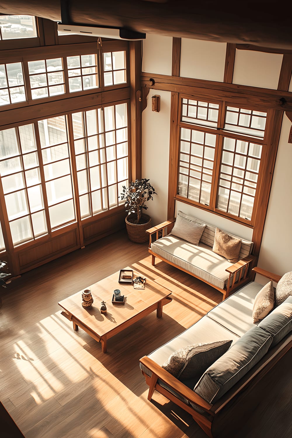 A comfortable family room in a Hongdae home showing a blend of modern and traditional Korean elements. The room features large windows allowing abundant natural light, multifunctional family-friendly furniture, and personalized decor items. The color palette consists of soft pastels and earthy tones, creating a warm and inviting atmosphere.