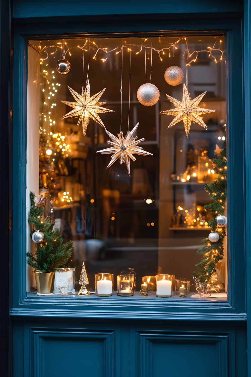 A large window adorned with preparations for New Year’s Eve, including glittering star decals that are gold and silver in color, twinkling warm white fairy lights, and delicate hanging glass ornaments. Gold candle holders holding white candles reside upon the window sill, casting a soft ambient glow that emphasizes the festive exterior view.