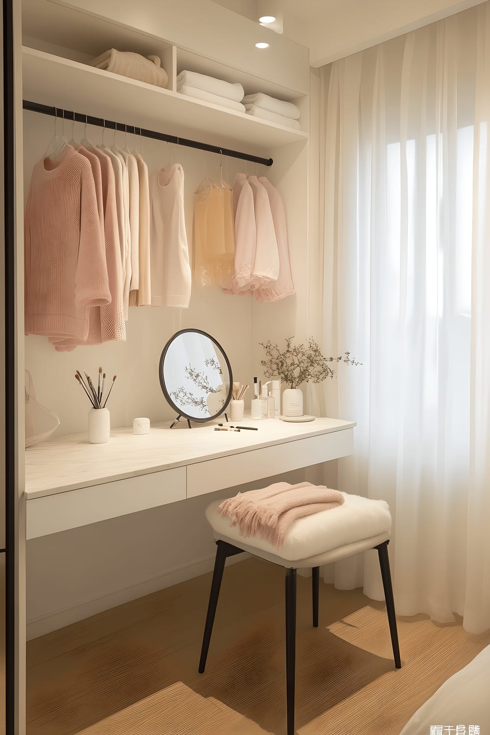 A spacious dressing room with light oak flooring and white walls. In focus is a white vanity table housing a tidy arrangement of a black-framed mirror and a pastel pink makeup brush set. Shelving above the vanity exhibits meticulously arranged pastel sweaters and a potted snake plant. To the side, a black minimalist wardrobe complements the setup and a window with sheer white curtains allows abundant light to highlight the room's neat and elegant design.