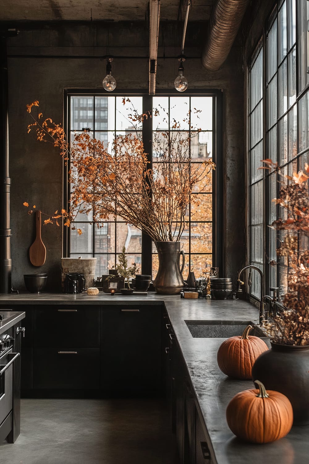 Industrial-style kitchen with dark cabinetry, concrete countertops, and large, metal-framed windows. The space is adorned with autumnal decorations, including dried branches in a vase, pumpkins, and some small potted plants. Exposed ducts and hanging light bulbs with Edison-style filaments complement the industrial aesthetic.