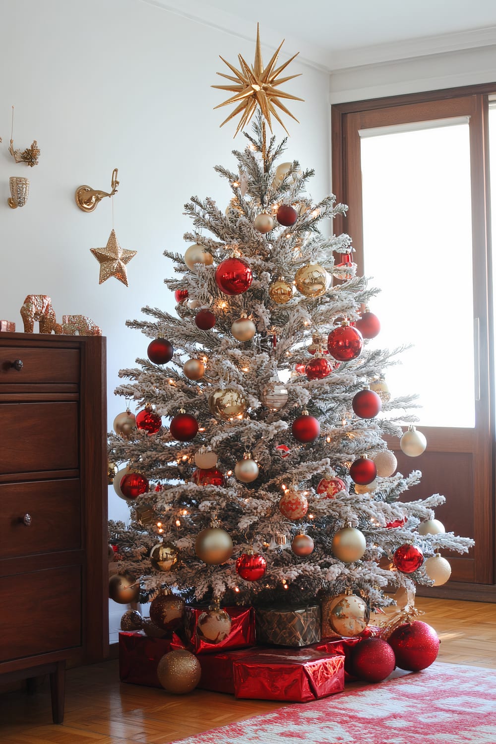 A beautifully decorated Christmas tree stands next to a wooden chest of drawers in a well-lit room. The tree is adorned with red, gold, and cream-colored ornaments and topped with a large gold star. Wrapped presents in red and gold paper are placed underneath the tree. The tree's branches are frosted and twinkling lights are interspersed throughout. On the wall next to the tree are a gold star and other holiday decorations.