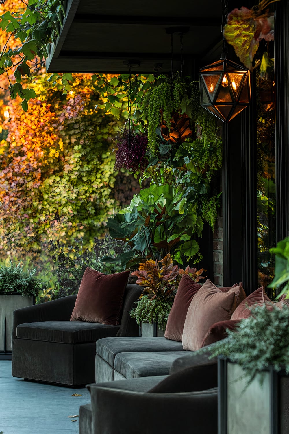 A sophisticated outdoor patio space, showcasing a combination of modern furniture and lush greenery. The seating area features plush, deep gray upholstered couches and armchairs adorned with mauve and rust-colored throw pillows. Above, geometric pendant lights with warm lighting hang from the ceiling, illuminating the vibrant green plants cascading from hanging planters. The backdrop features an autumnal foliage setting, with various shades of orange, yellow, and green enhancing the natural ambiance.