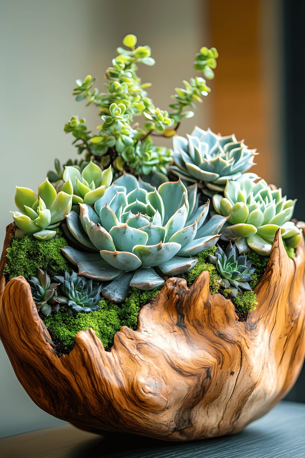 A large and unique arrangement of succulents planted in a chunk of driftwood, surrounded by some moss. The plants vary in color, from light green to dark gray. The scene is presented in a modern style with clean lines, under soft, soothing lighting.