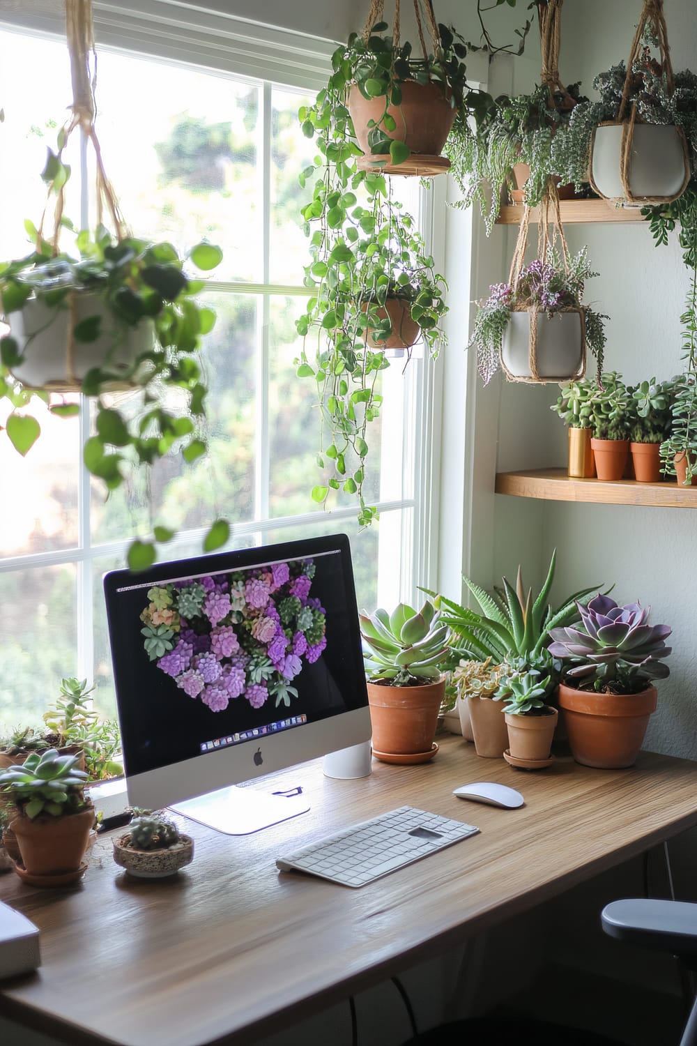 An indoor office space with a wooden desk featuring a computer with a colorful succulents background on the screen. The desk is adorned with various potted succulents and other houseplants. Two floating shelves on the right hold additional potted plants, and multiple plants in hanging pots are suspended from the ceiling near a large window that provides natural light.