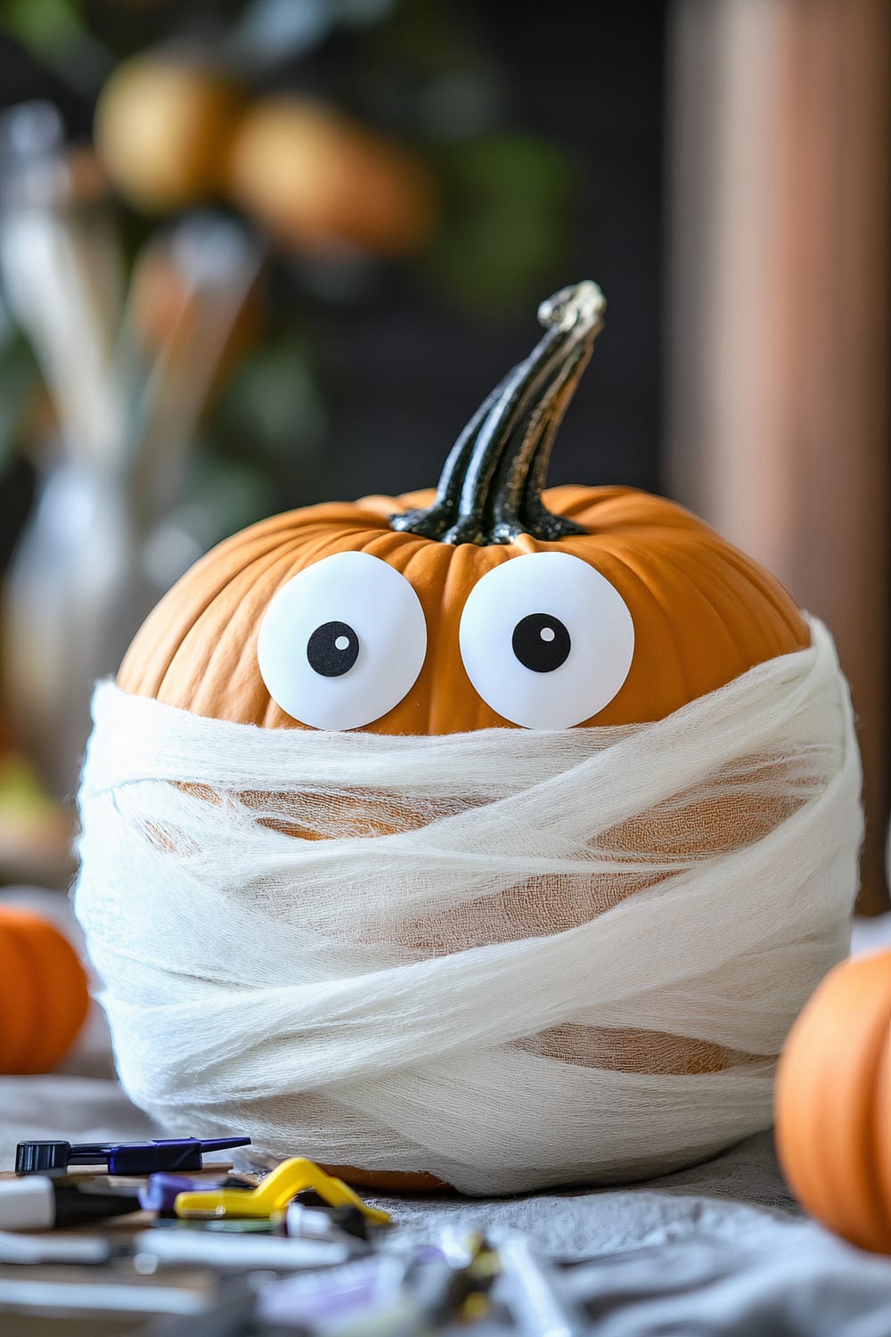 A pumpkin is decorated to resemble a mummy with large, round cartoonish eyes and wrapped in white gauze. The background is slightly blurred, showing some additional pumpkins and craft supplies.