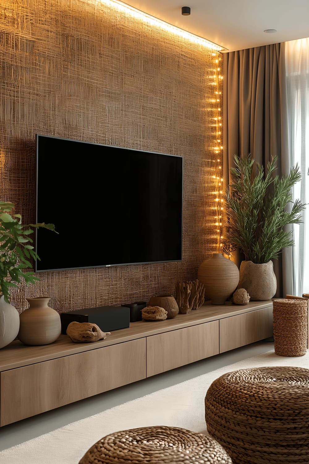 A stylish TV wall set against textured fabric panels in muted tones, with a variety of decorative items like woven baskets, ceramic vases, and small plants creating an eclectic arrangement. The wall is further enhanced with soft string lighting delicately draped around the TV and decor.