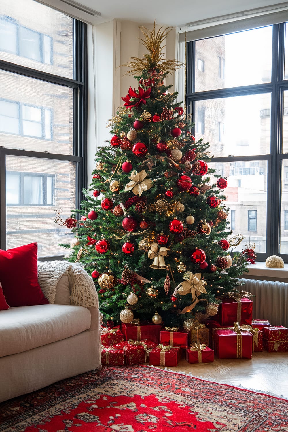 An elegantly decorated Christmas tree adorned with red and gold ornaments stands in a bright, modern living room next to large windows revealing an urban view. Under the tree are numerous wrapped gift boxes in coordinating red and gold paper. To the left, a cream-colored couch with red throw pillows sits adjacent to the tree, accompanied by a knitted throw blanket. The scene is completed with a richly patterned red area rug covering the floor.