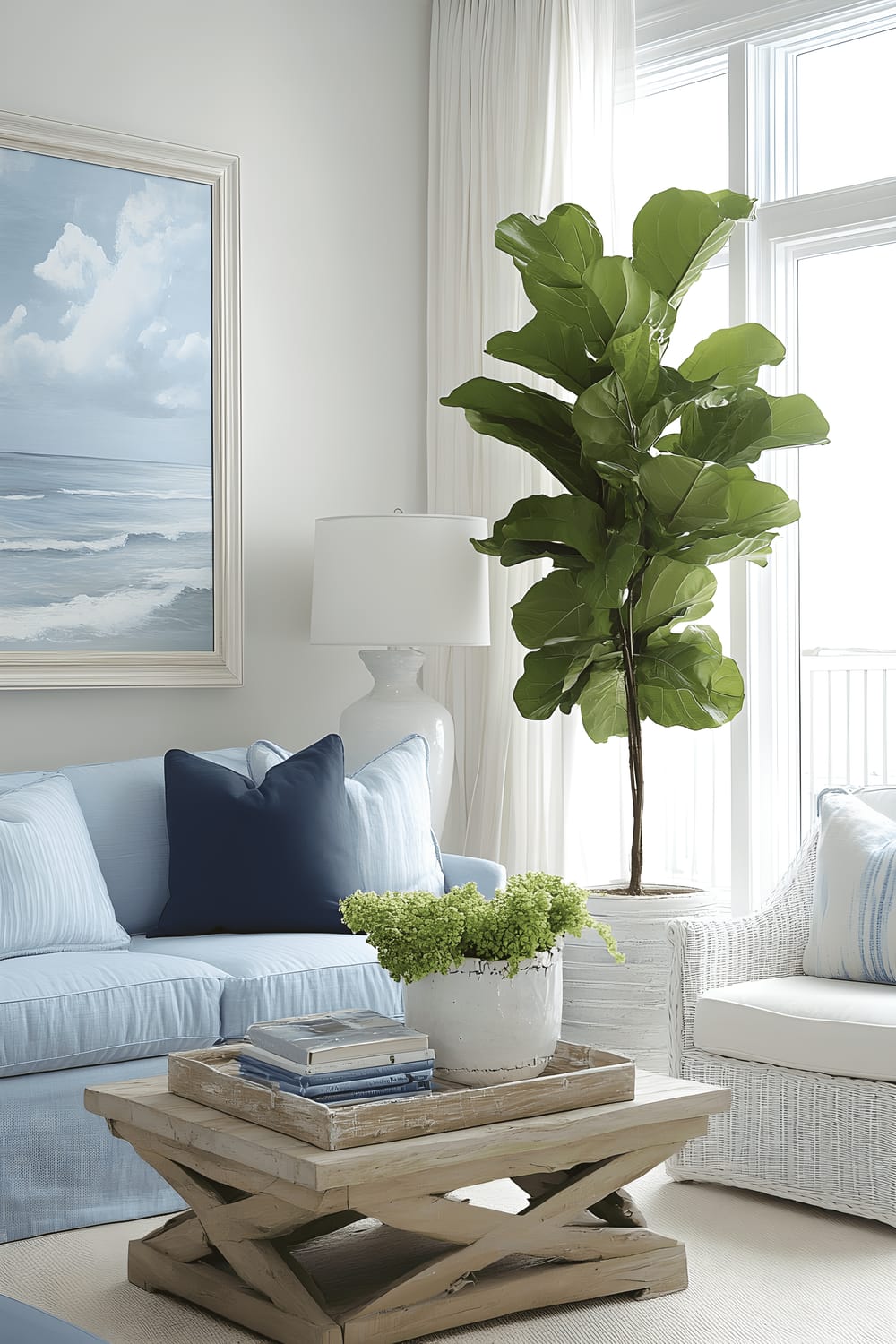 A small, contemporary coastal-style living room featuring a light blue slipcovered sofa, a driftwood coffee table, and white wicker armchairs with navy cushions. The room also displays a large framed seascape painting and a tall potted fiddle leaf fig plant. The color scheme is soft and sandy with ocean blue accents, enhanced by natural light from floor-to-ceiling windows dressed with light linen drapes.