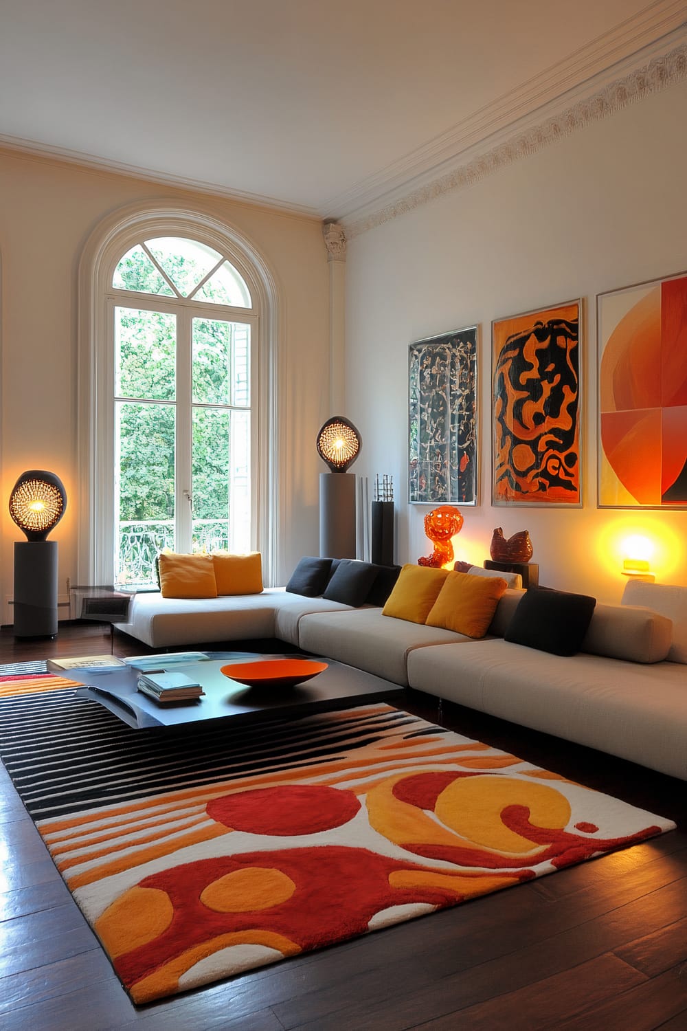 A modern living room characterized by large arched windows allowing natural light to flood the space. The room features a sectional sofa adorned with yellow and black throw pillows. A bold, patterned area rug with red, orange, and yellow hues enhances the wooden flooring. The room is decorated with contemporary art on the white walls and has stylish lighting, including artistic table lamps and standing lamps. A black coffee table with books and an orange bowl is centrally placed on the rug.