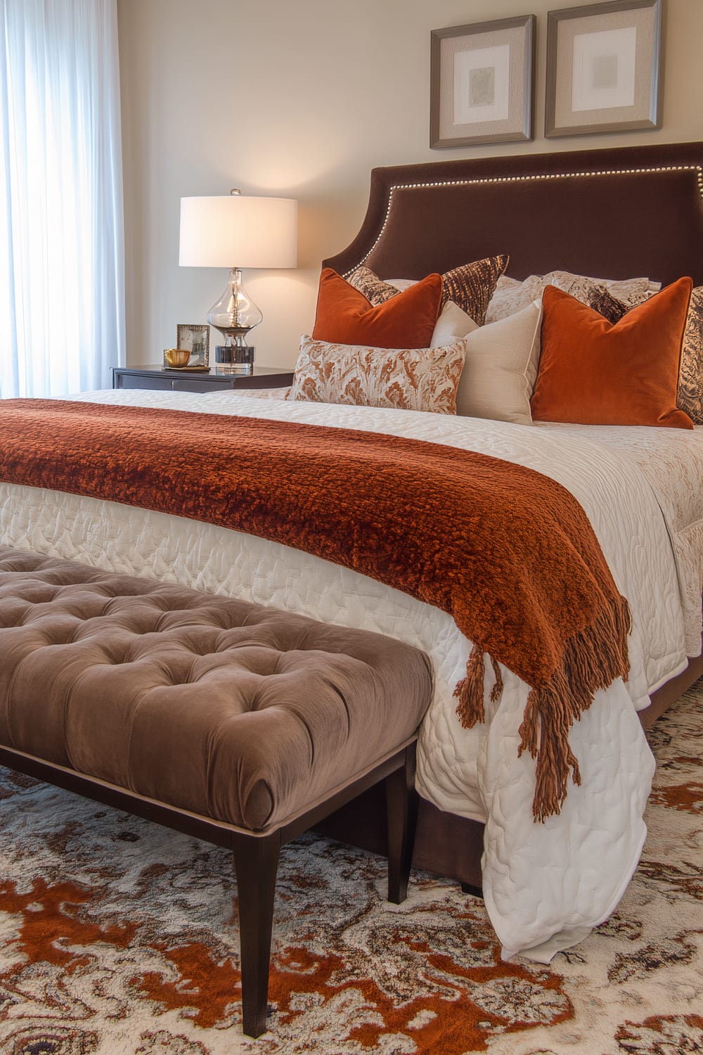 A stylish bedroom features a large bed with a dark upholstered headboard adorned with silver nailhead trim. The bed is dressed with an array of pillows in various textures and warm hues, including burnt orange and patterned brown. At the foot of the bed lies a plush, tufted bench in a deep beige color. A burnt orange throw blanket is draped over the end of the bed. To the side, a contemporary glass table lamp sits on a modern nightstand, illuminating the room with a warm glow. White curtains allow diffused light to enter the room, complementing the overall warm, inviting atmosphere.