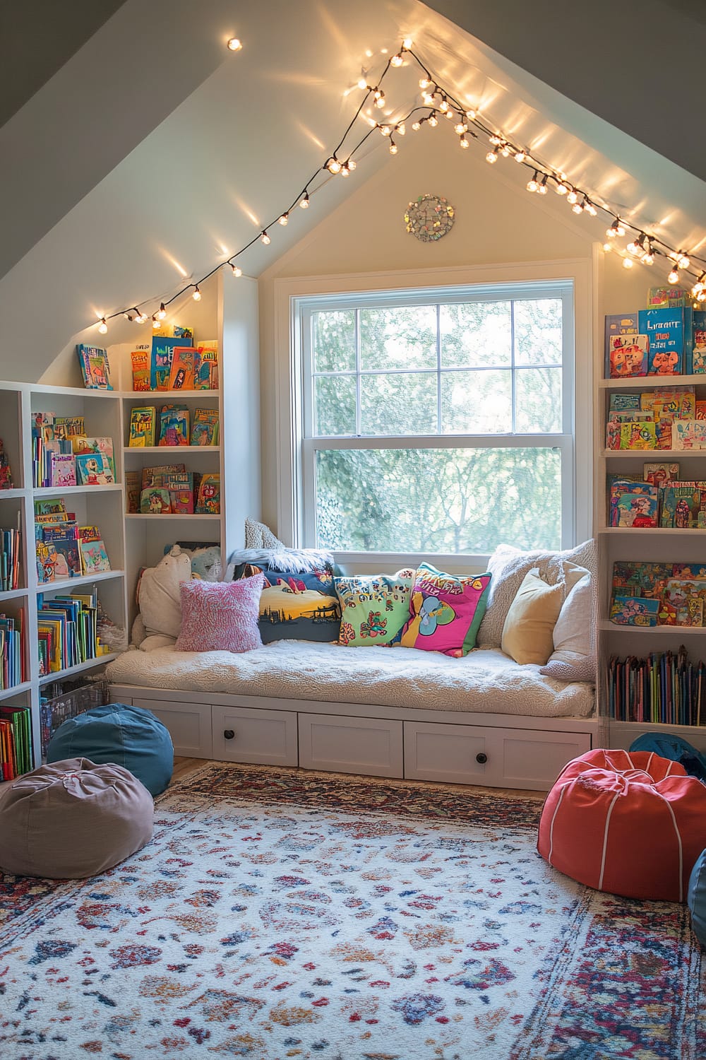 A cozy playroom featuring a large reading nook under a window, adorned with plush pillows and blankets. Wall-mounted bookcases filled with colorful children’s books frame the nook. Bean bags and floor cushions are scattered on a patterned rug, with low storage units below the nook holding more toys and books. String lights are draped across the slanted ceiling, creating a magical atmosphere.