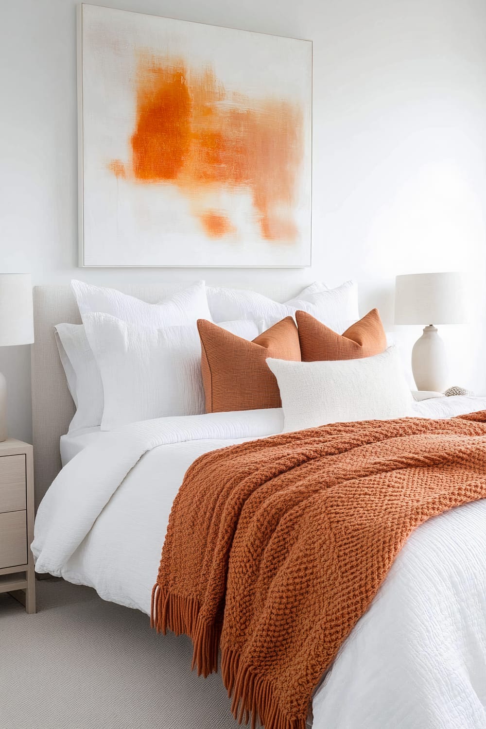 A modern bedroom features a bed with crisp white linens, accentuated by rust-colored pillows and a matching textured throw blanket. Above the bed hangs an abstract art piece with bursts of orange hues. On either side of the bed, there are wooden nightstands with cream-colored lamps.