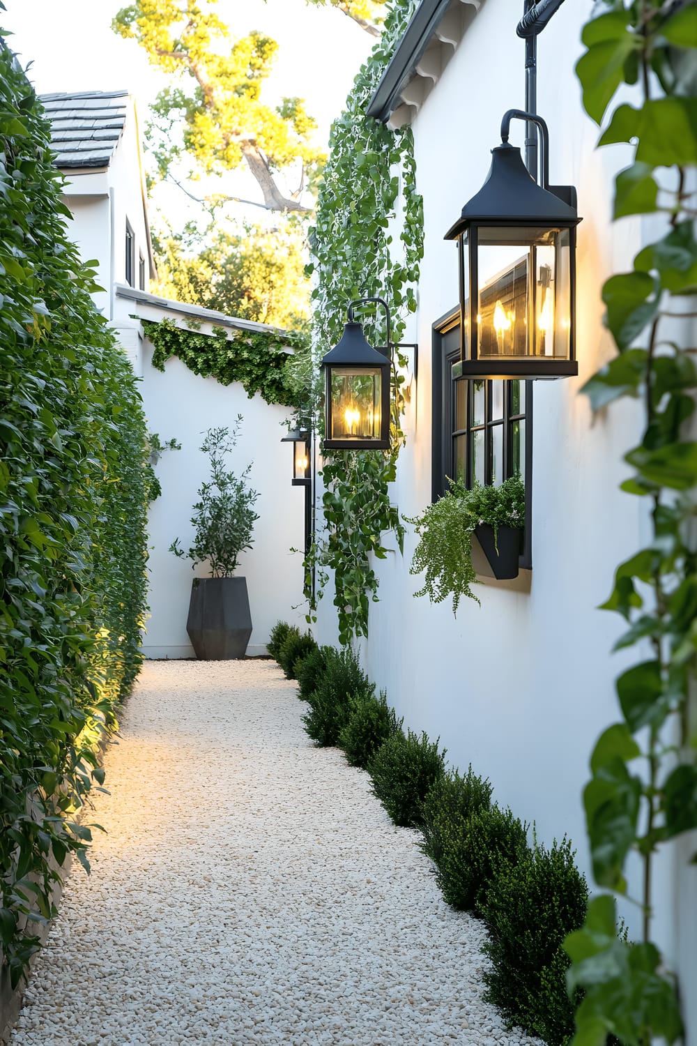 A tastefully decorated narrow side yard, complete with a gravel walkway running the length of the space. The walls on either side are painted white, and are adorned with hanging pots filled with crops of cascading ivy. Warm lanterns are scattered throughout the space, providing a soft and welcoming light that highlights the beauty of the setting.