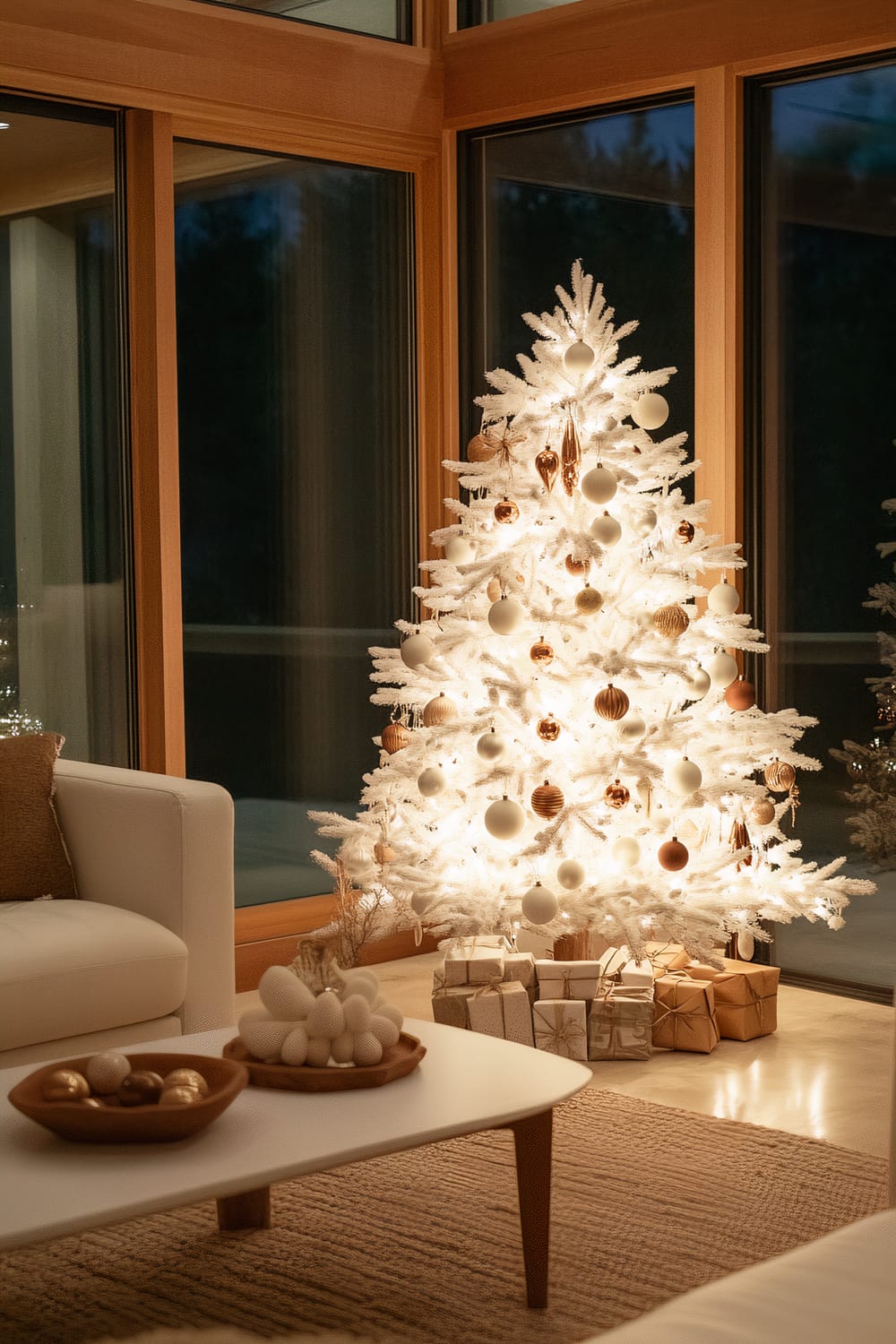 A modern living room showcasing a sustainable white Christmas tree adorned with eco-friendly ornaments made of recycled glass, burlap ribbons, and handmade decorations. The tree is beautifully illuminated by natural and ambient lighting and stands beside large floor-to-ceiling windows with wooden frames. Below the tree, there are several wrapped gifts in neutral colors. The room is furnished with a white sofa and a wooden coffee table, which has decorative bowls filled with different items, likely more eco-friendly decor.