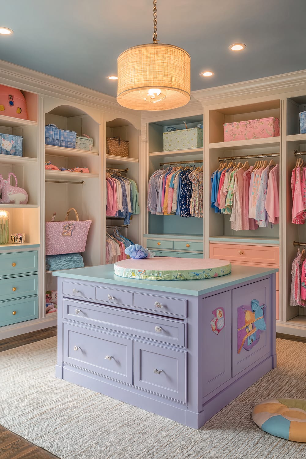 A child-friendly walk-in closet with soft pastel cabinetry, a central island with drawers, and open shelves holding clothing and baskets. The island has a padded fabric cushion for seating, soft lighting, and playful wall decals for a whimsical touch.