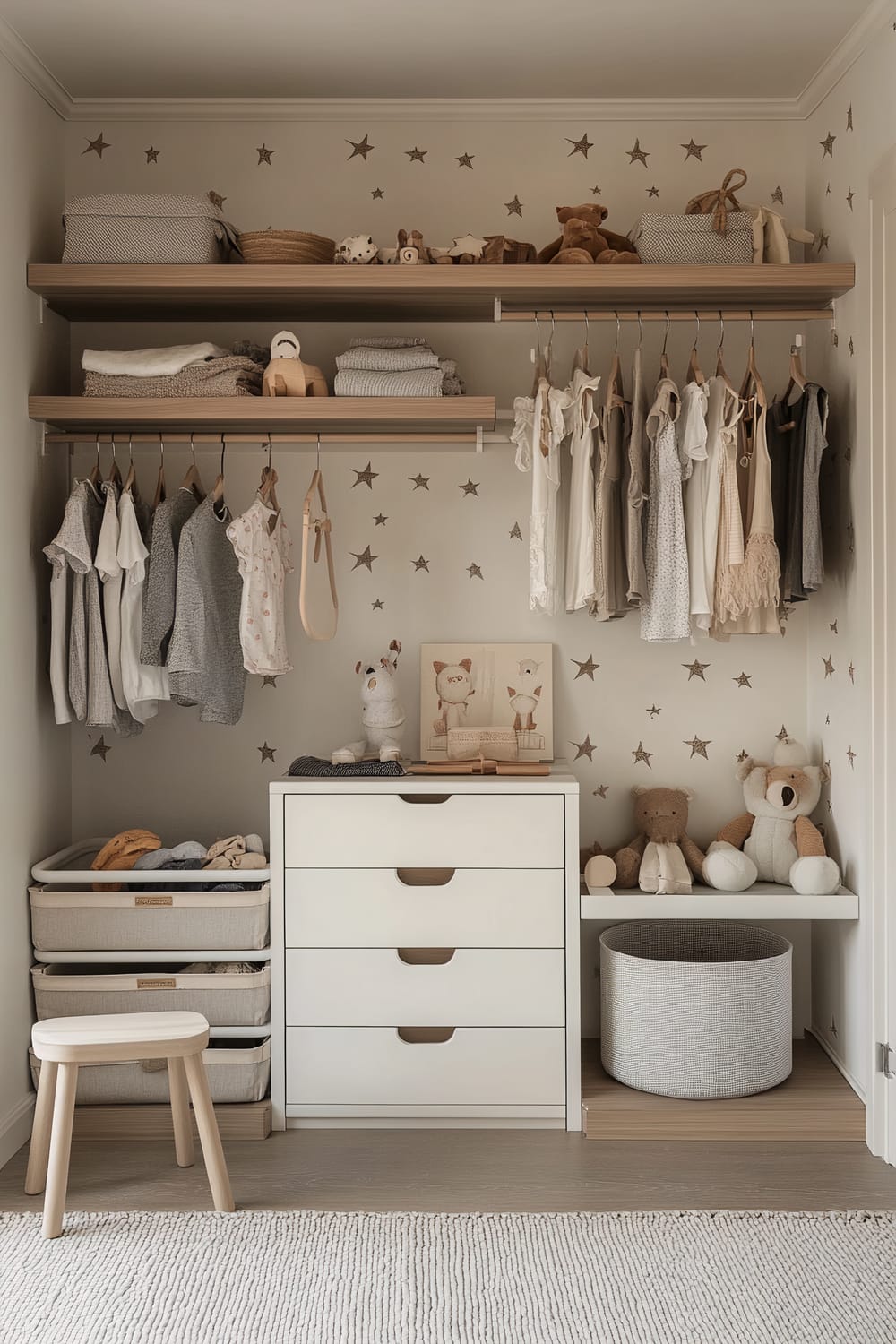 A well-organized child’s closet with soft wood tones and white cabinetry. Clothes hang on rods at different heights, and open shelves hold neutral-toned fabric bins and plush toys. A white dresser with four drawers and a light wood stool are placed against a star-patterned wallpapered wall. A woven basket and soft toys sit on shelving, and a gray and white area rug covers the floor.