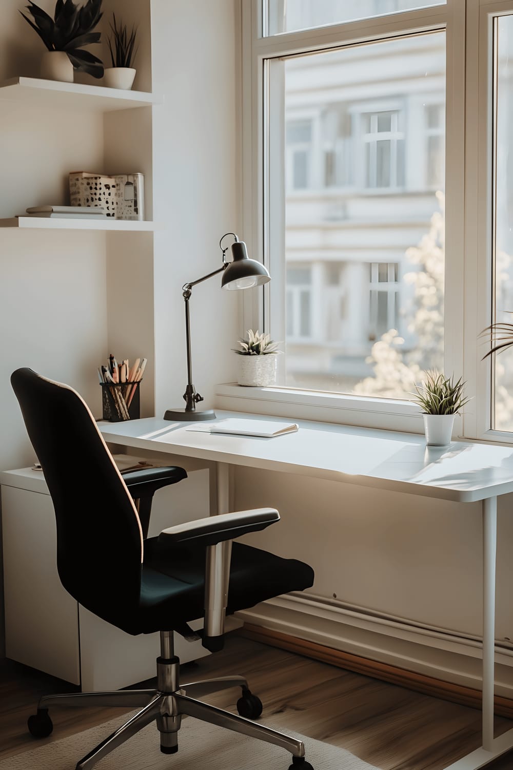 A minimalist workspace in a corner of an apartment, viewed through a window, is bathed in natural light. The room contains a sleek white desk with a black ergonomic chair and a modern metal desk lamp. A white floating shelf, holding neatly organized office supplies and a small succulent, hangs on the wall.