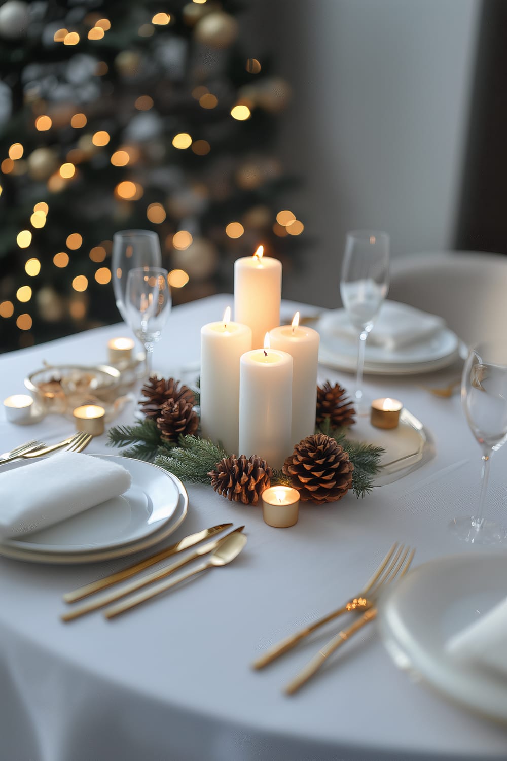 A sophisticated holiday table setting featuring a white tablecloth, gold cutlery, and white plates with neatly folded white napkins. The centerpiece includes four white pillar candles, pinecones, and evergreen sprigs, surrounded by small gold votive candles. In the background, a Christmas tree adorned with warm, soft lights and large gold ornaments enhances the festive atmosphere.