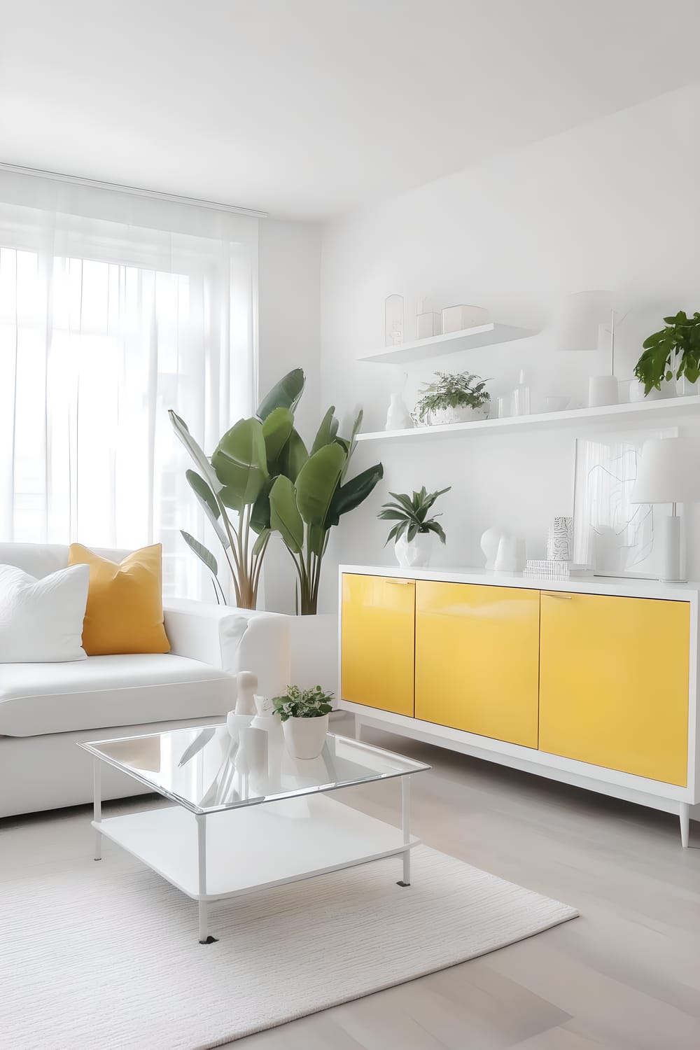 An image of a contemporary all-white living room with sleek furniture and minimal decor. The centerpiece of the room is a vibrant yellow sideboard placed against a white feature wall. A large white sectional sofa, white glass coffee table and white floating shelves adorn the room. The shelves are lightly decorated with minimalistic items. A selected variety of plants, including a prominent fiddle leaf fig in a white planter, are scattered throughout the room providing a touch of greenery. The room is bathed in natural light from large windows, and the illumination from multiple white lamps makes the yellow sideboard stand out beautifully.