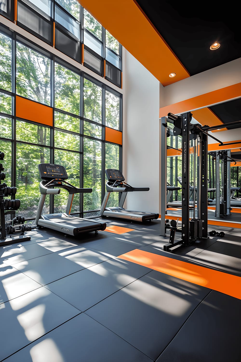 A spacious home gym featuring vibrant orange walls and black rubber flooring, with an array of modern fitness equipment organized neatly. The room benefits from ample natural light filtering through expansive windows. Along one wall, large mirrors reach from floor to ceiling, reflecting the equipment and amplifying the feeling of space.