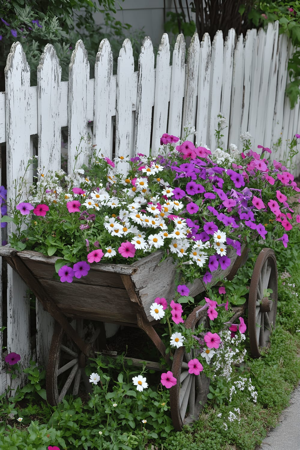 A rustic vintage wheelbarrow filled with blooming petunias, daisies and creeping thyme, placed idyllically beside a neatly constructed wooden picket fence. The scene is set in a verdant garden under the open sky.