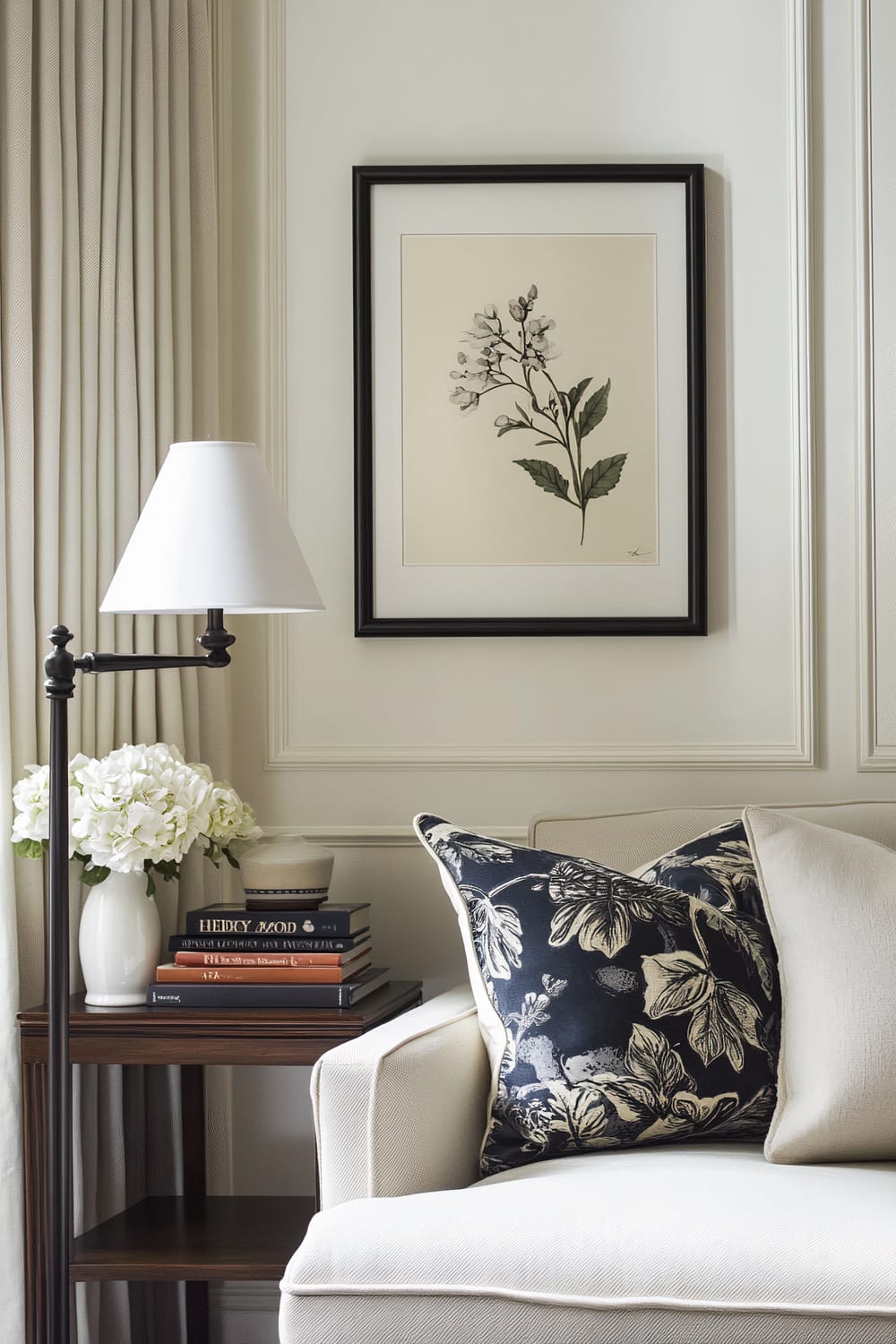 A close-up of a small living room decor featuring a compact bookshelf with three hardcover books, a small ceramic vase with white flowers, and a framed botanical print on the wall. A minimalist floor lamp with a white shade stands next to a beige couch adorned with two cushions, one plain and one with a floral pattern.