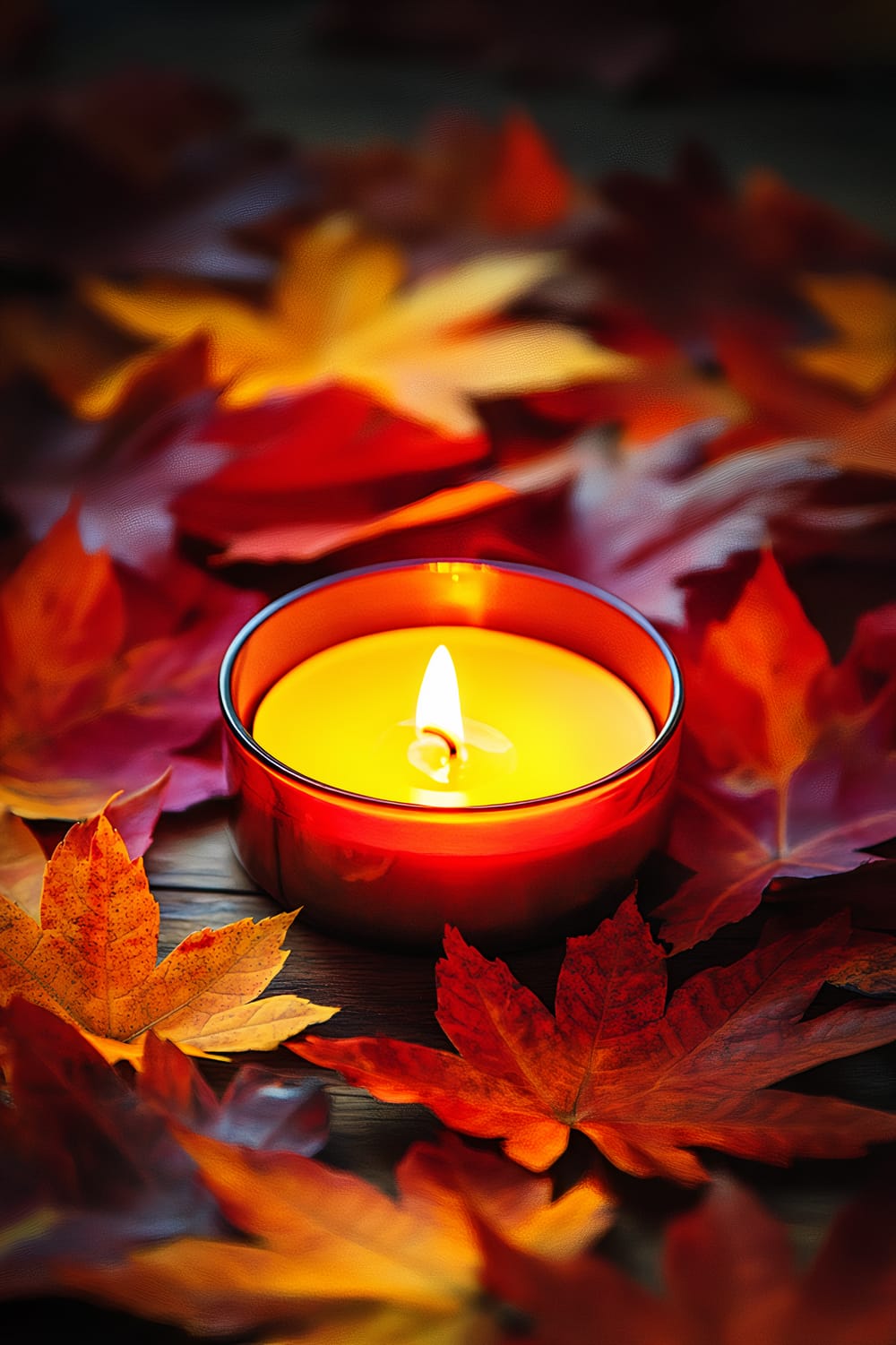 A close-up of a coffee table setting featuring a warm-toned lit candle surrounded by scattered maple leaves in vibrant fall colors. The scene is illuminated with high contrast lighting, highlighting the rich reds, oranges, and yellows of the leaves and the soft glow of the candle.