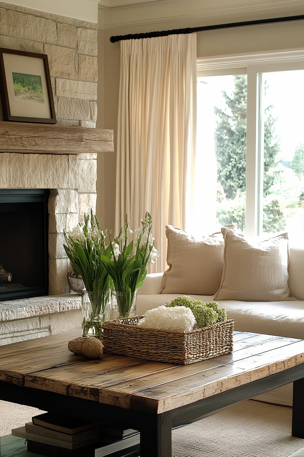 A living room with a focus on natural textures, featuring a wooden coffee table, a stone fireplace, and linen curtains. A neutral-toned plush sofa is adorned with a woven throw blanket. There are indoor plants on the coffee table, brightened by soft natural light, complementing the organic materials.