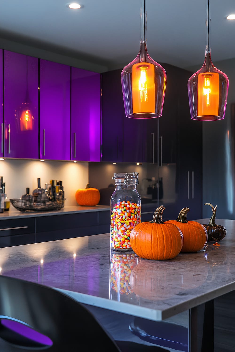 A sophisticated kitchen scene featuring glossy purple cabinets and sleek stainless steel handles. The room is accented with two distinct amber pendant lights hanging from the ceiling, casting a warm glow. A marble countertop island is decorated with three round pumpkins and a clear glass jar filled with colorful candy corn. In the background, there is a collection of wine bottles and an additional pumpkin on the counter, contributing to a festive and vibrant atmosphere.