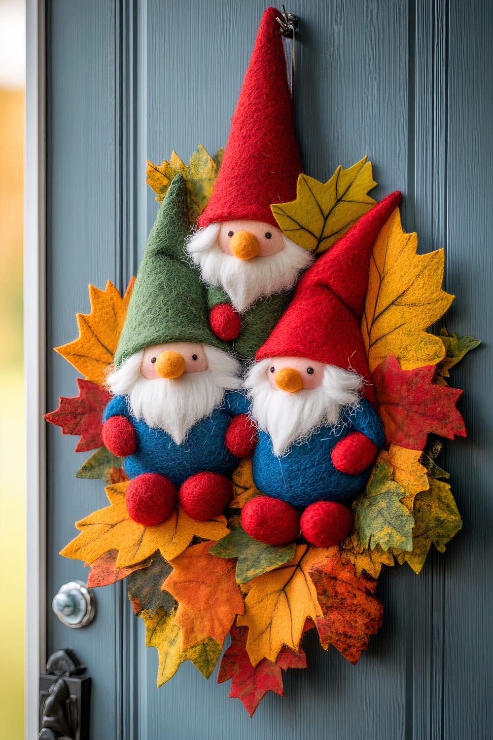 A whimsical door wreath featuring three gnomes with bushy white beards and large red and green hats, sitting among vibrant felt autumn leaves. The gnomes have cheerful expressions and plump red noses, contributing to a festive and cozy autumn decoration. The wreath is attached to a blue wooden door.